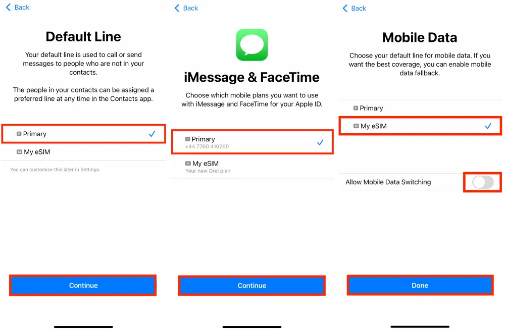 iPhone : la ligne par défaut est toujours ta SIM principale lorsque tu utilises une eSIM pour les données, car les eSIM n’ont pas de numéro de téléphone