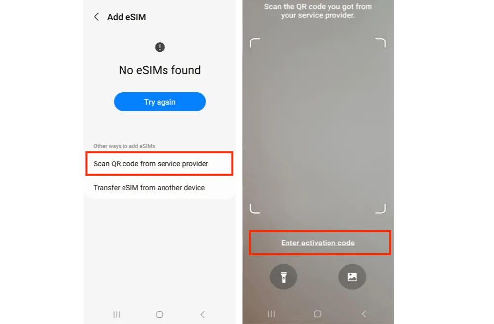 Configuration manuelle de l’eSIM (Samsung) – code d’activation